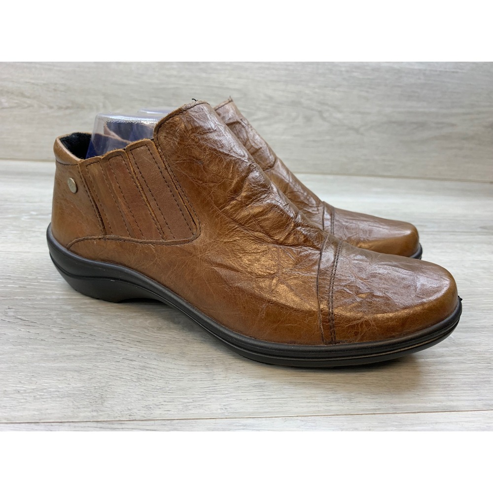 Romika Cognac Brown Crinkle Leather Slip On Ankle Boots Size 39 US 7.5